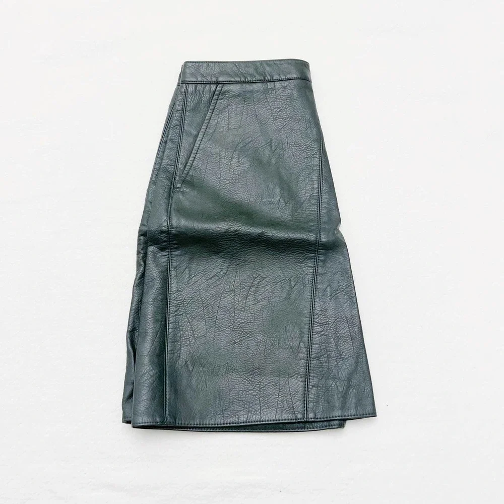 Zara A Line Short Faux Leather Skirt Dk Green SZ XS